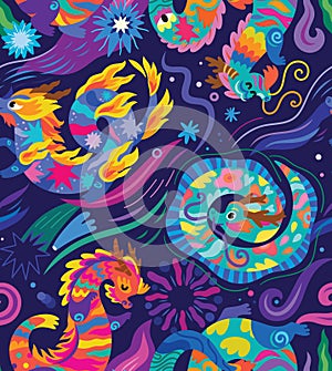 Seamless pattern with cute bright abstract Dragons among the stars and fireworks