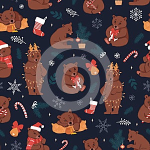 Seamless pattern with cute brown bears and Christmas elements.