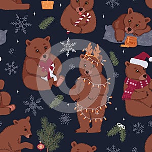 Seamless pattern with cute brown bears and Christmas elements. Winter vector illustration for fabric