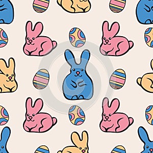 Seamless pattern with cute bunnies and Easter eggs. Easter background. Vector EPS10