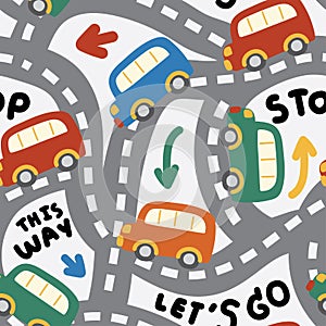 Seamless pattern of cute bus on the road way background.Transportation.Travel.Drive car