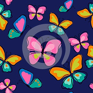 Seamless pattern with cute butterflies on a blue background