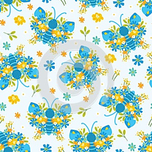 Seamless pattern of cute butterflies flower wing on blue pastel background