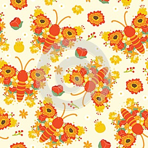 Seamless pattern of cute butterflies flower wing on orange pastel background