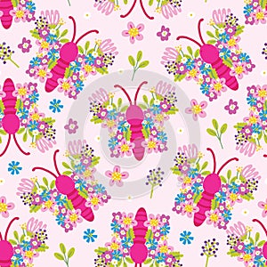 Seamless pattern of cute butterflies flower wing on pink pastel background