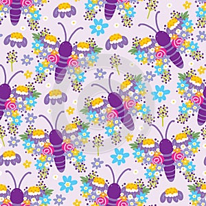 Seamless pattern of cute butterflies flower wing on purple pastel background.Spring