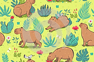 Seamless pattern with cute capybaras. Vector graphics