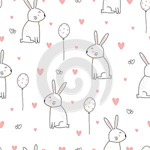 Seamless pattern cute cartoon animal background with a rabbit with heart balloons