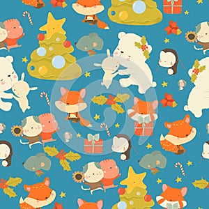 Seamless Pattern with Cute Cartoon Animals celebrating Christmas