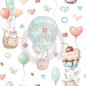 Seamless pattern cute cartoon animals fly in a hot air balloon