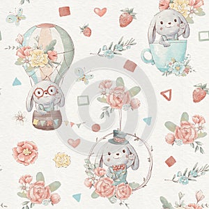 Seamless pattern cute cartoon animals fly in a hot air balloon