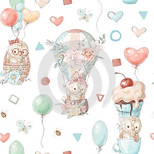 Seamless pattern cute cartoon animals fly in a hot air balloon