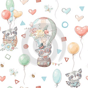 Seamless pattern cute cartoon animals fly in a hot air balloon