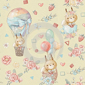 Seamless pattern cute cartoon animals fly in a hot air balloon