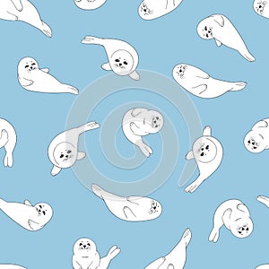 Seamless pattern with cute cartoon baby Seal Pups on blue