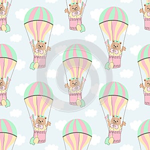Seamless pattern, cute cartoon bears flying in a hot air balloon in the sky with clouds. Baby background, print, textile