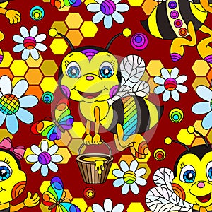 Seamless illustration with cute cartoon bees, flowers and honeycombs, an insect on a red background