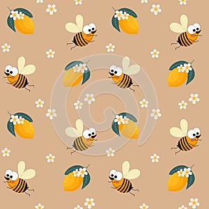 Seamless pattern, cute cartoon bees, lemons and white small flowers on a green background. Print, floral background, textile