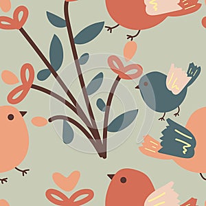 Seamless pattern with cute cartoon birds, flowers and leaves for fabric print, textile, gift wrapping paper. colorful vector
