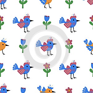 Seamless pattern of cute cartoon birds and flowers. Vector print for paper, wallpaper and home textile design