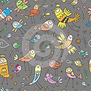 Seamless pattern with cute cartoon birds on gray background. Funny animals wallpaper. Doodle herbs and flowers print.