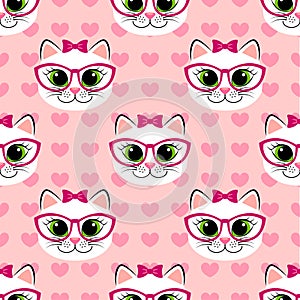 Seamless pattern with cute cartoon cat and heart on pink background. Kitty print