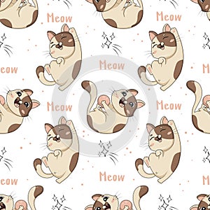 Seamless pattern with cute cartoon cats in funny poses are playing for kids room decor