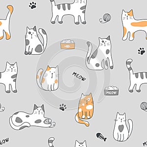 Seamless pattern with cute cartoon cats on gray background. Vector illustration in flat style