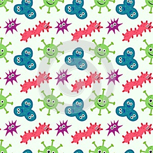 Seamless Pattern with Cute cartoon characters virus, bacteria, microbe. Microbiology organisms funny face wallpaper.