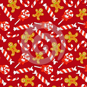 Seamless pattern with cute cartoon Christmas candy cane, sweets and gingerbreads. New year traditional symbols. photo