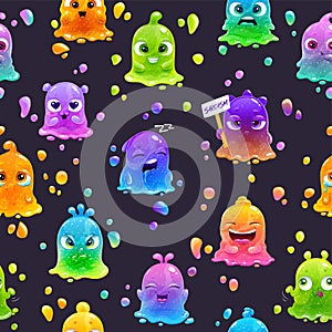 Seamless pattern with cute cartoon colorful slimy characters and blobs.