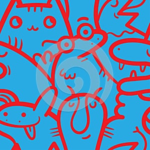 Seamless pattern with cute cartoon creatures on blue background. Funny cartoon animals print.