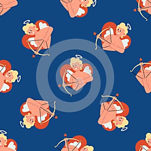 Seamless pattern from Cute cartoon cupids with bow and arrow in heart shape