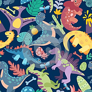 Seamless pattern with cute cartoon dinosaurs.
