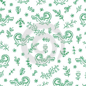 Seamless pattern with cute cartoon dinosaurs and plants on white background. Floral print. Funny dragons in the meadow.