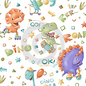 Seamless pattern. Cute cartoon dinosaurs. Print for the children's room