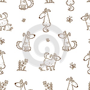 Seamless pattern with cute cartoon dogs on white background. Funny puppies are walking in nature. Print with joyful animals.