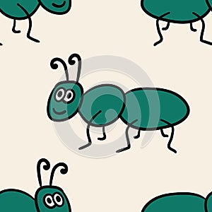 Seamless pattern with cute cartoon doodle linear ant