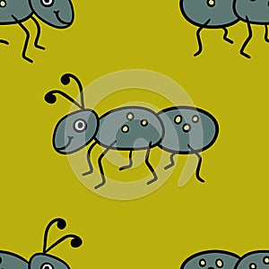 Seamless pattern with cute cartoon doodle linear ant