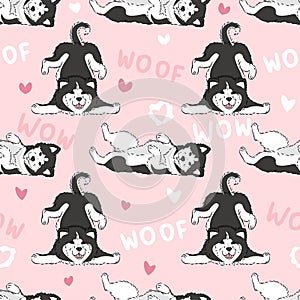 Seamless pattern with cute cartoon drawing dogs husky or alaskan malamute, funny adorable pets, on pink background with hearts,