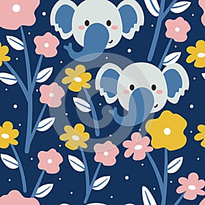 Seamless pattern cute cartoon elephant and flower. for kids wallpaper, fabric print and gift wrapping paper