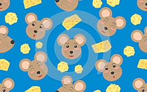 Seamless pattern of cute cartoon face rat with cheese on blue background