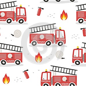 Seamless pattern with cute cartoon fire engines. Flat style