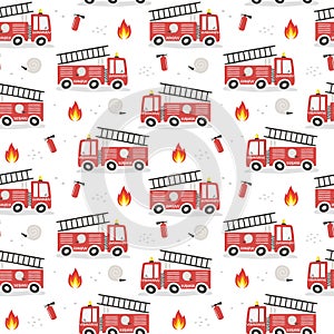 Seamless pattern with cute cartoon fire engines. Flat style