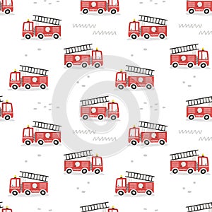 Seamless pattern with cute cartoon fire engines. Flat style
