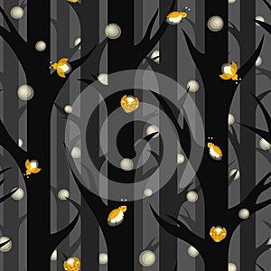 Seamless pattern with cute cartoon fireflies flying among trees in the dark forest. Flat vector illustration