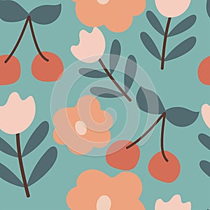 Seamless pattern with cute cartoon flowers, fruits and leaves for fabric print, textile, gift wrapping paper. colorful vector