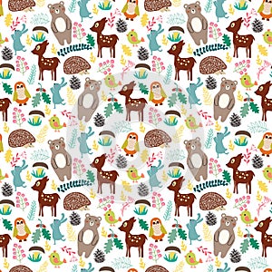 Seamless pattern with cute cartoon forest animals on beige background.