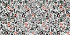 Seamless pattern with cute cartoon forest animals, fir trees, plants, leaves on a light gray background. Deer, hares, squirrels, b