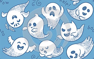 Seamless pattern of cute cartoon ghosts with different faces